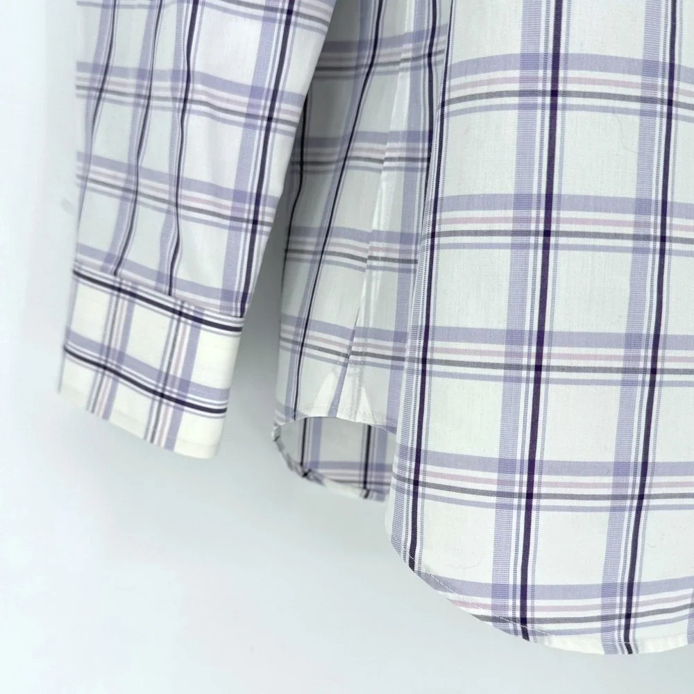 Banana Republic Mens L Non-Iron Tailored Slim Fit Purple White Plaid Dress Shirt